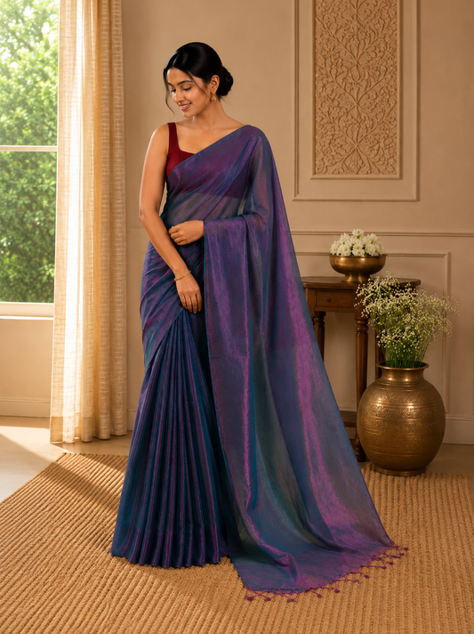 Metalic Purple Green Dual Tone Mul Tissue Saree