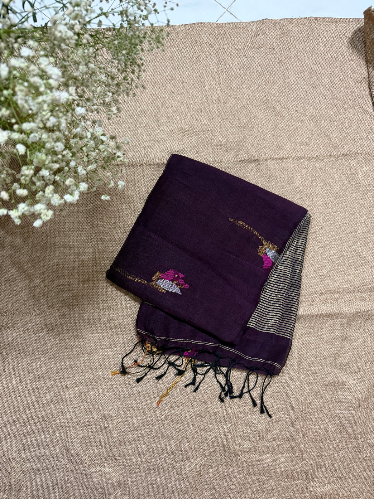 Linen with Jamdani Tulip Motif - Purple