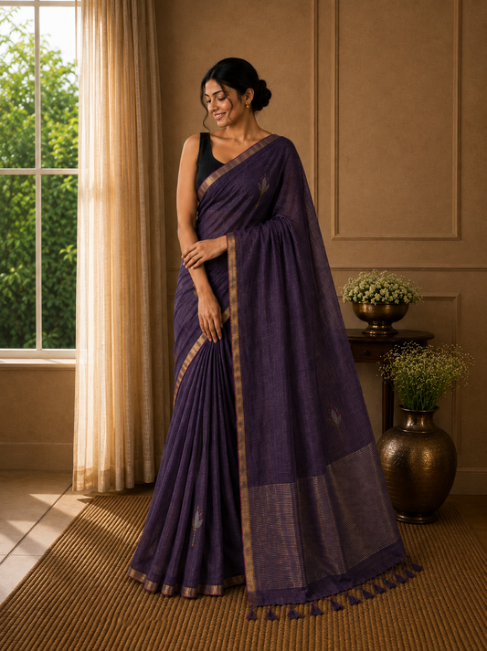 Linen with Jamdani Tulip Motif - Purple
