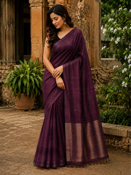 Handloom Plain Matka Silk Saree with Silk mark - Purple Vine