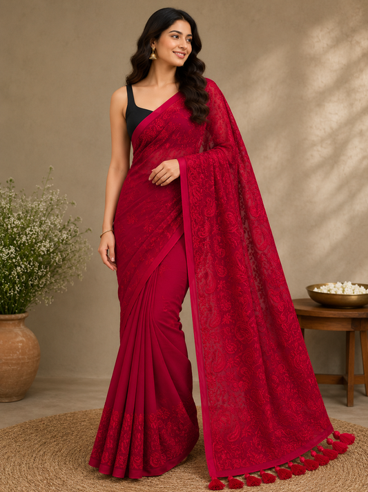 Chikankari on Red Mul Cotton Handloom Saree