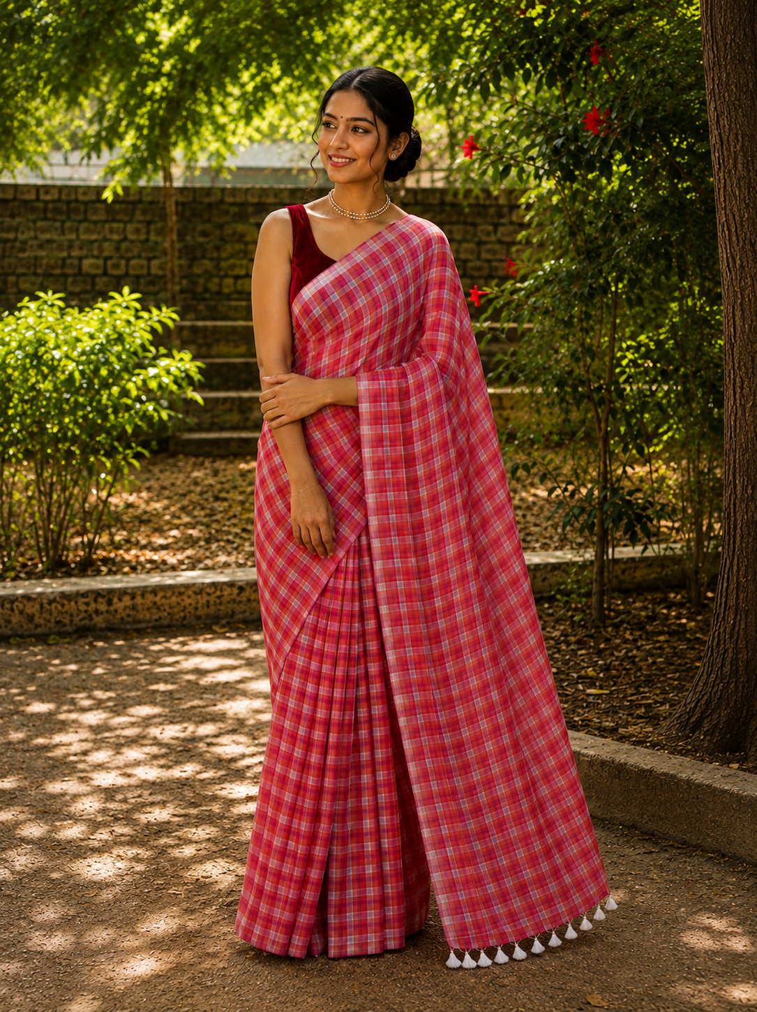 Red Gingham Checkered Handloom Mul Cotton