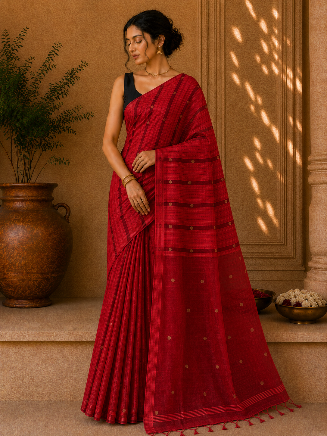 Handloom Ginni Matka Silk Saree with Silk mark - Ruby Red