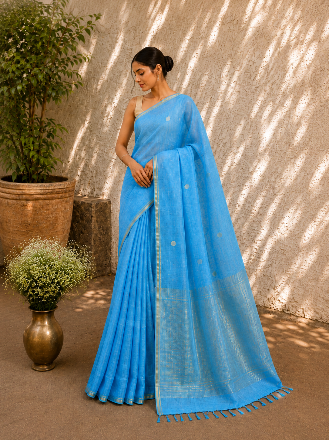Handloom Linen Silk with Jamdani Buti - Sky Blue