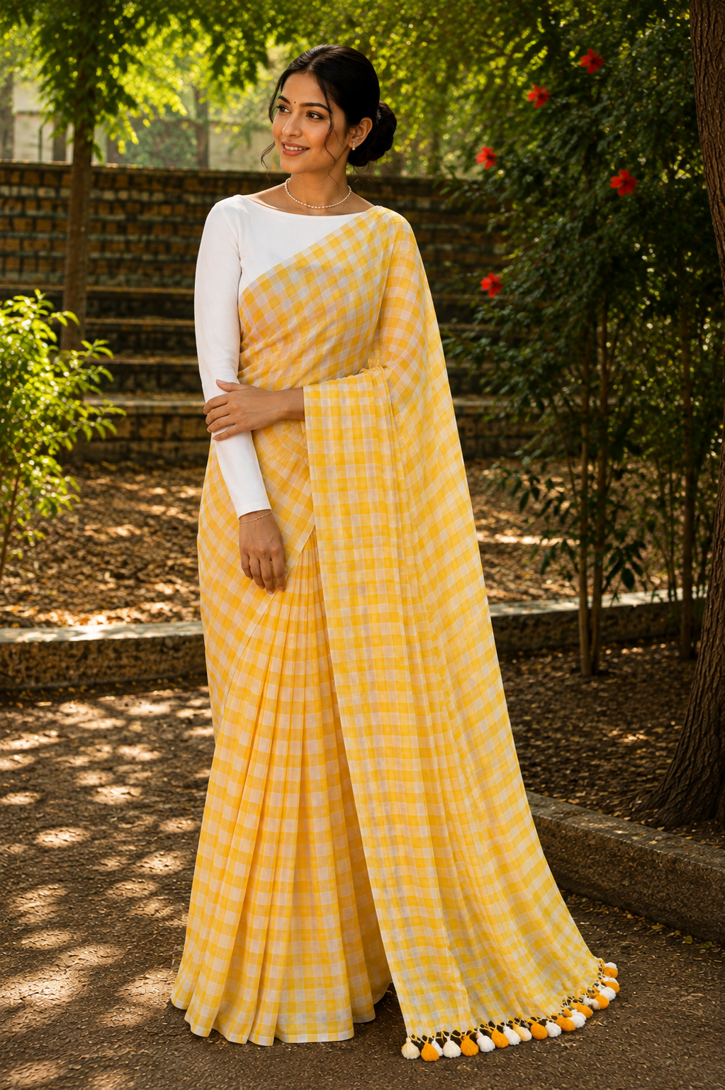 Yellow Gingham Checkered Handloom Mul Cotton