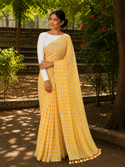 Yellow Gingham Checkered Handloom Mul Cotton