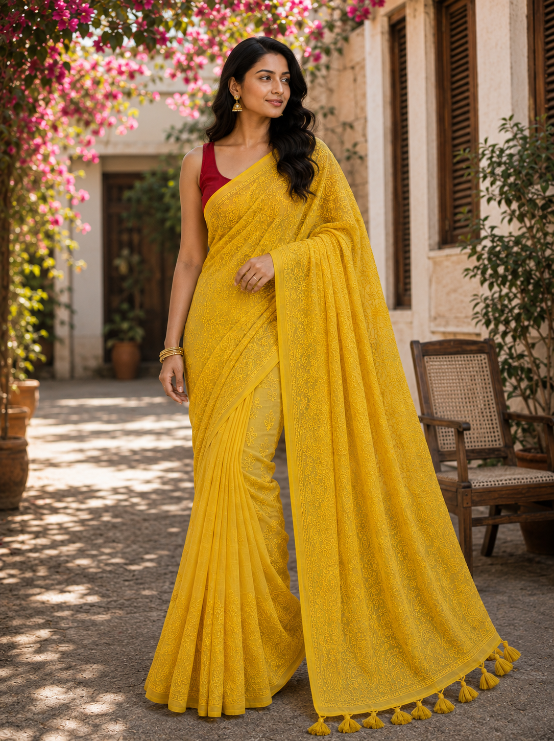 Chikankari on Mul Cotton Handloom Saree - Yellow