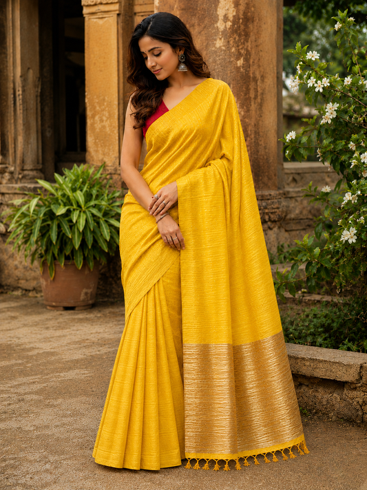 Handloom Plain Matka Silk Saree with Silk mark - Yellow