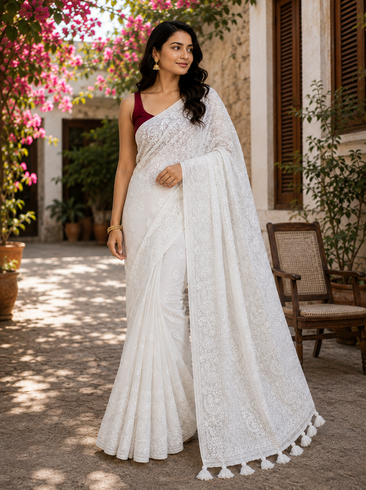 Chikankari on white Cotton Handloom Saree